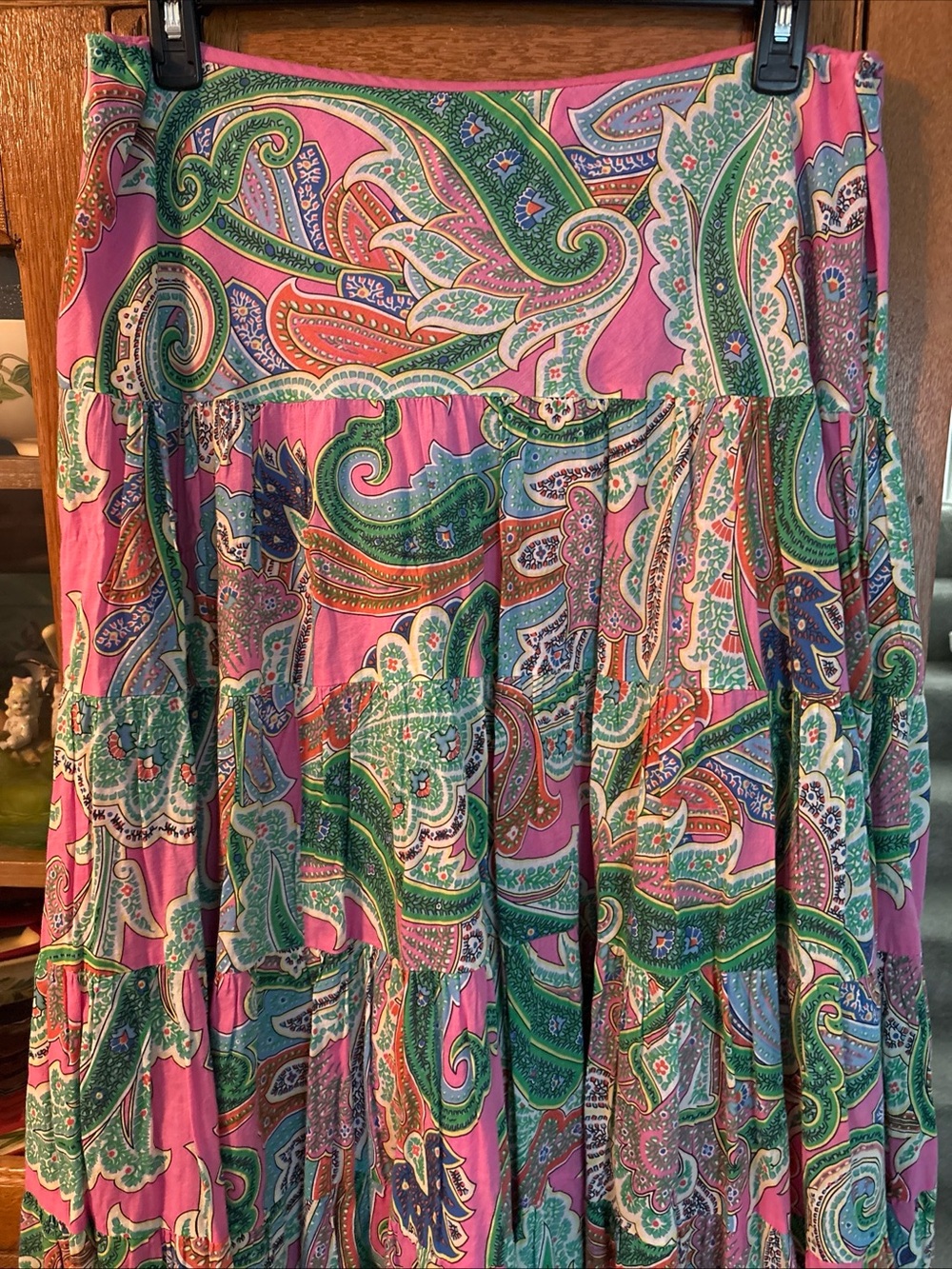 Ralph Lauren Pink Paisley Tiered Maxi Skirt with Green & Blue Accents